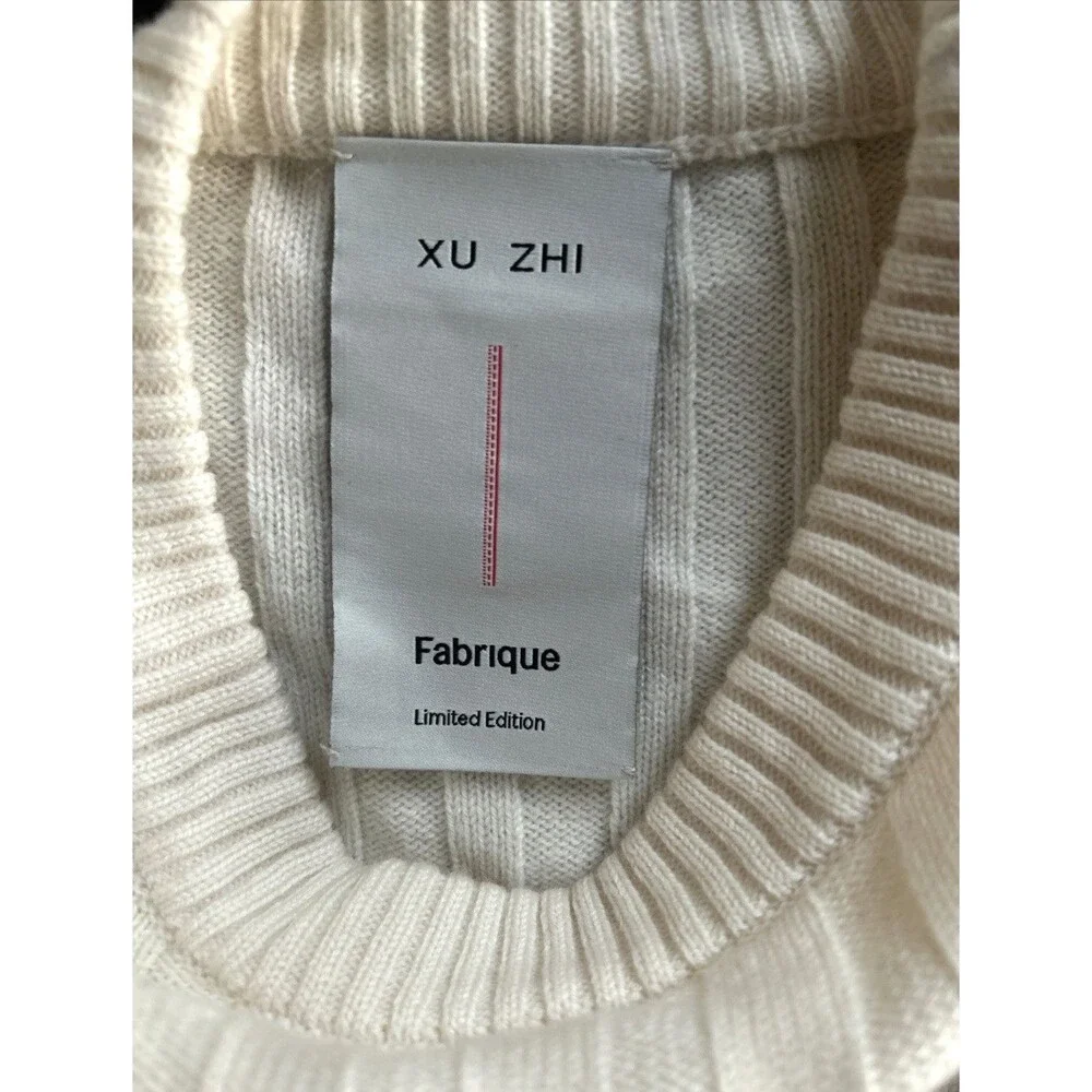 Xu Zhi x Fabrique Ivory Ribbed Knit Asymmetric Fringe Crewneck Wool Sweater Sz S